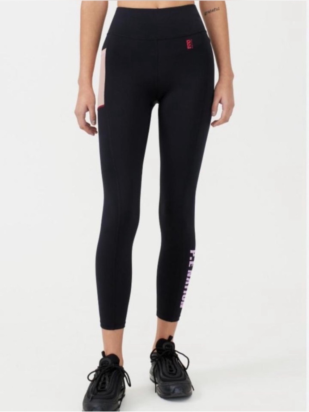 P.E Nation Salto Black High-Rise Leggings with Pink Logo Accent Mesh Pocket S